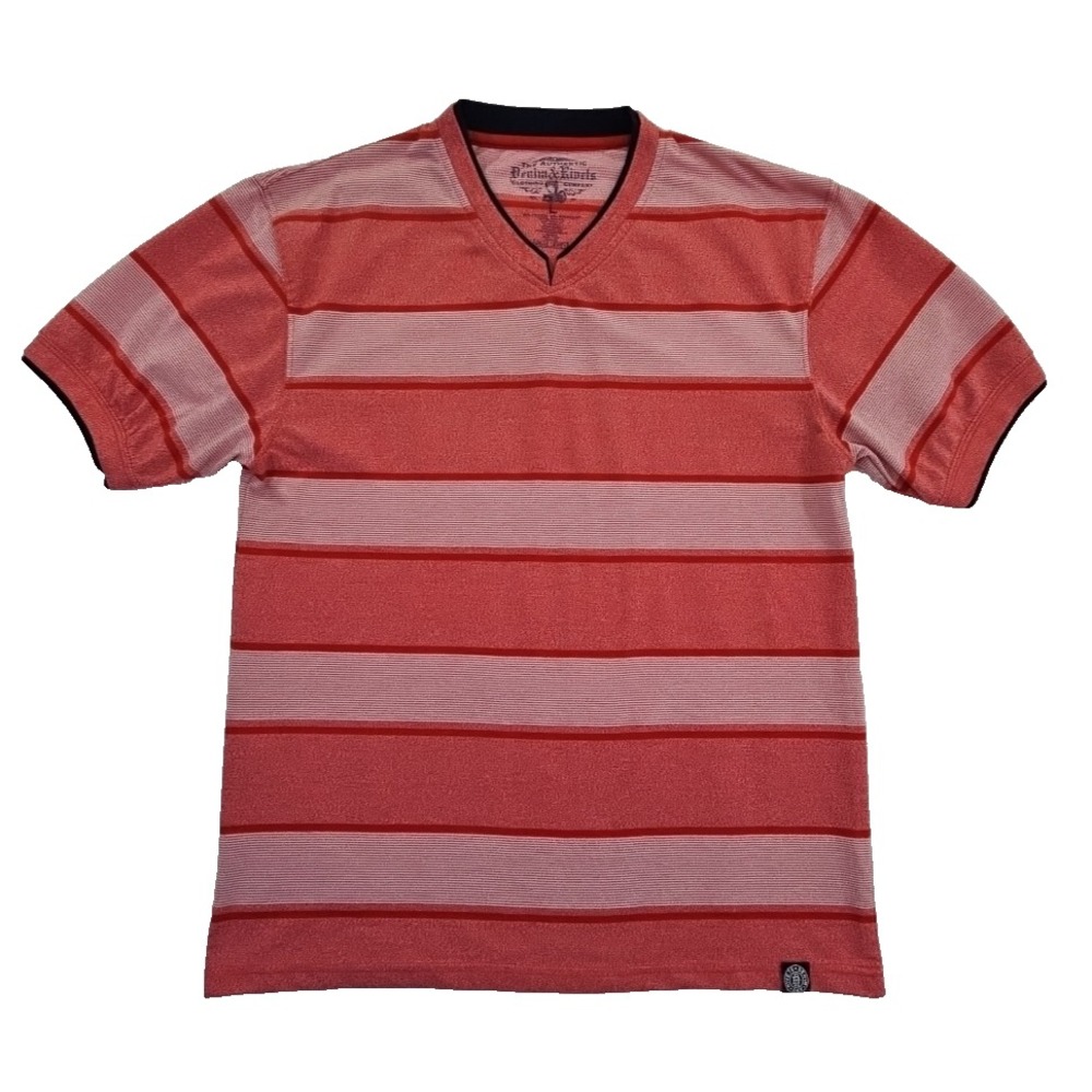 Denim & Rivets Mens Red White Striped Double Collar Short Sleeve Shirt EUC Sz L
